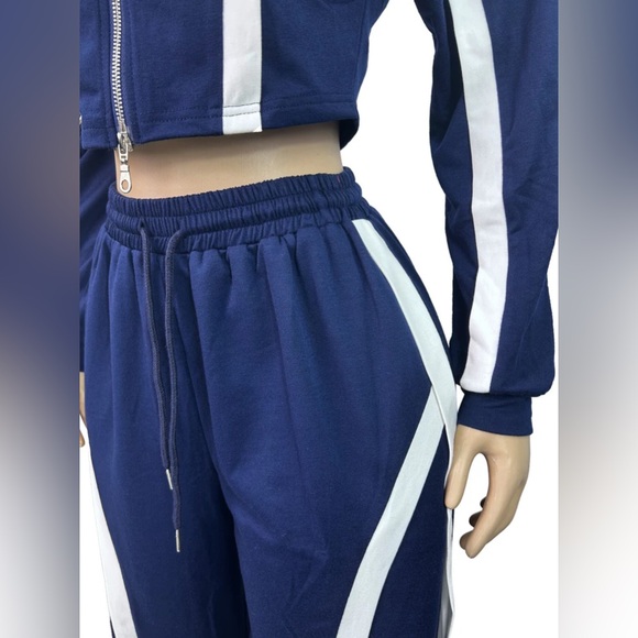 Retro collar jacket and fitted wide leg jogger pants (blue) - Picture 3 of 8
